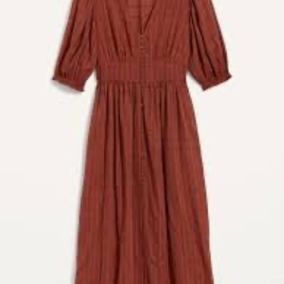 Old Navy women’s Fit & Flare Puff-Sleeve Dobby rust colored Midi Dress LARGE - Picture 6 of 6